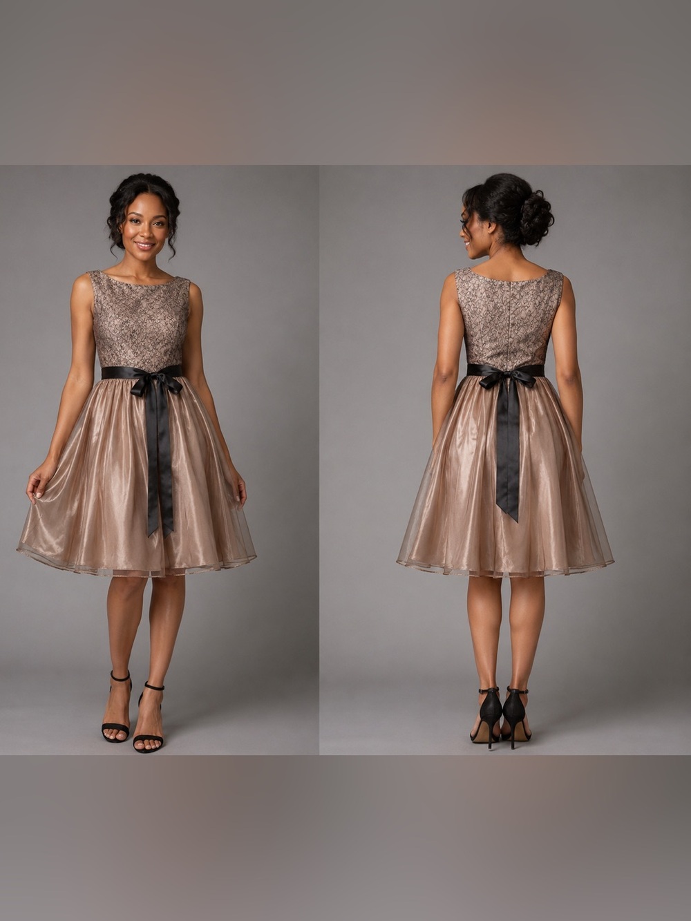 CB Established 1962 Taupe Lace Fit and Flare Cocktail Dress Black Satin Sash